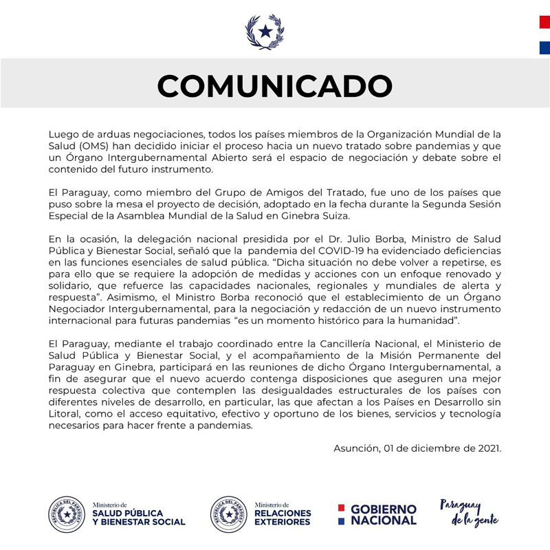 OMS: Paraguay tendrá activa participación en el proceso de creación de un nuevo tratado sobre pandemias