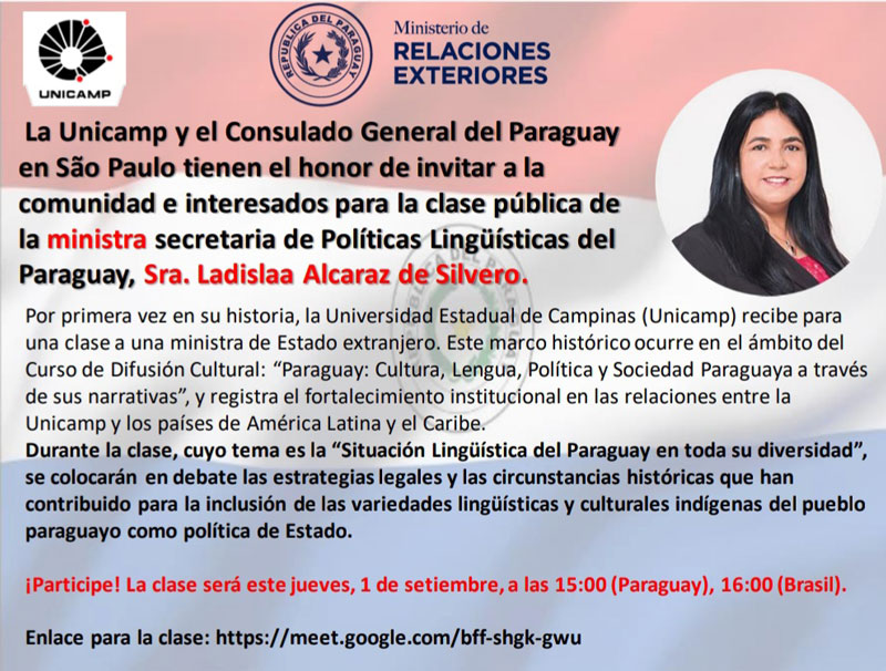 Dictan curso de difusión cultural en la Unicamp, de São Paulo, sobre “Paraguay: Cultura, Lengua, Política y Sociedad”