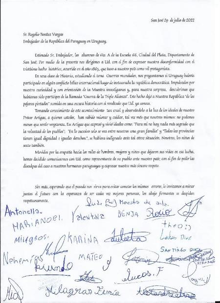 Entregan al presidente Abdo carta de niños uruguayos que piden disculpas por la guerra de la Triple Alianza