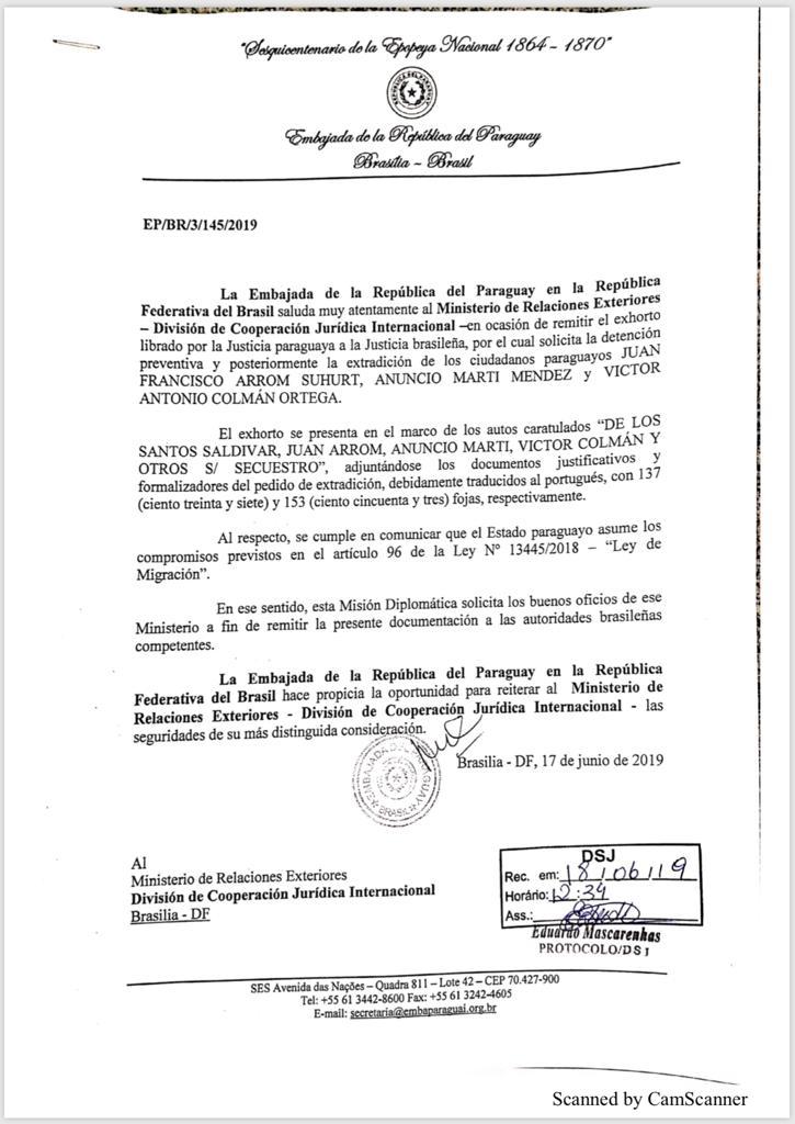 Paraguay entregó hoy en Brasilia el exhorto que pide la detención con fines de extradición de Arrom, Martí y Colmán