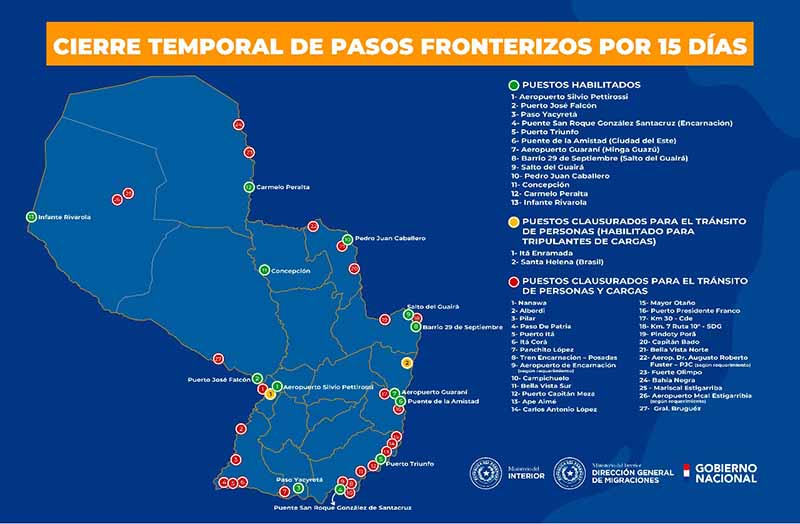 Paraguay inició el cierre temporal de fronteras para extranjeros no residentes en el país